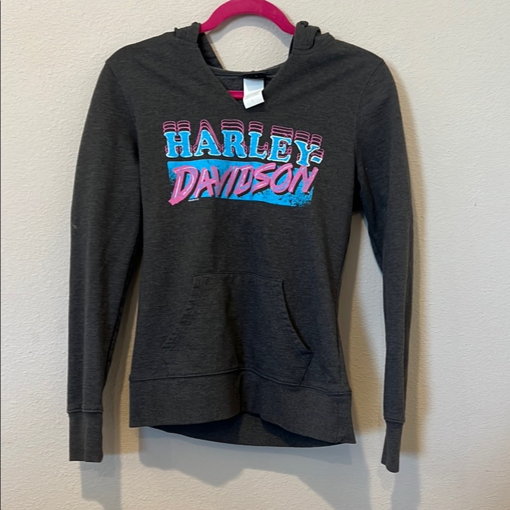 Harley-Davidson Charcoal Hoodie with Pink and Blue Logo